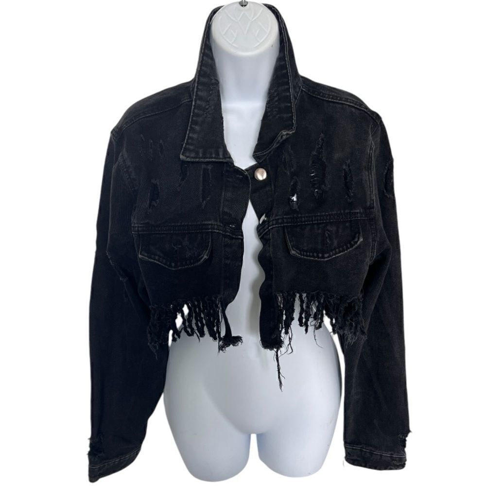 TRADE MARK American Bazi Black Denim Jean Premium Quality Cropped Fringe Size L